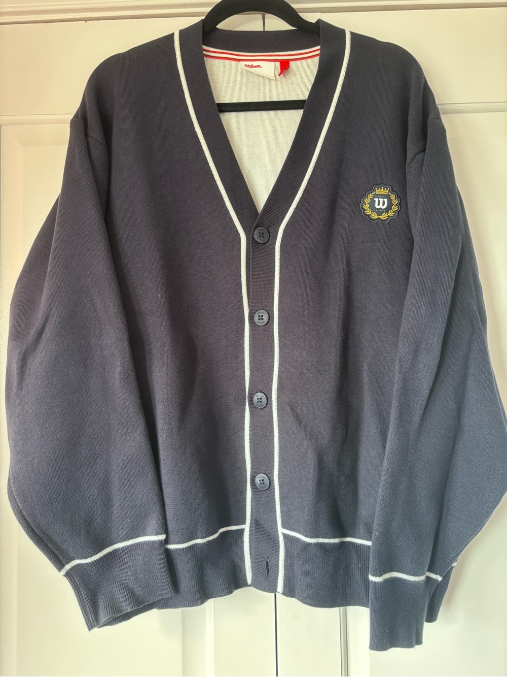 Wilson Tennis Navy Cardigan Sweater with White Trim Size Large Like New.